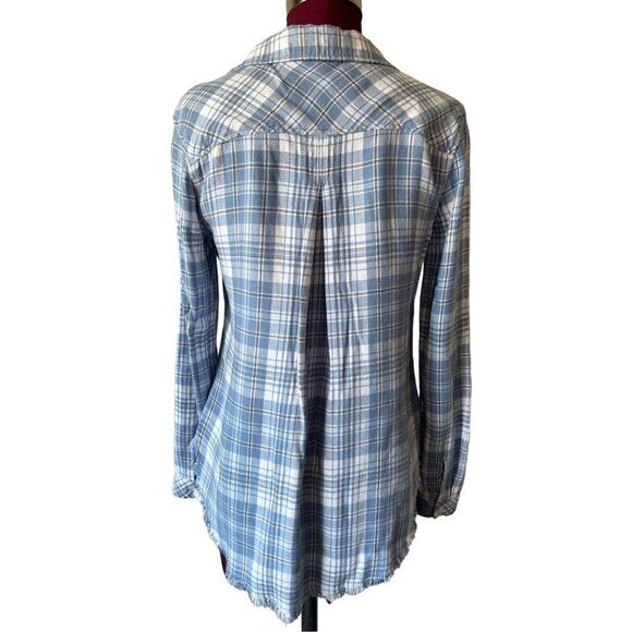 Anthropologie Cloth & Stone Woman’s Blue Plaid Flannel Shirt Button Front Fringe - Picture 2 of 7